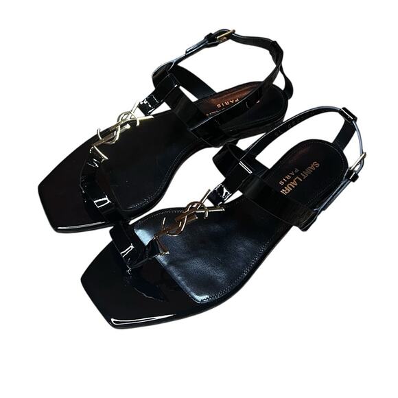 Saint Laurent Cassandra Flat Sandal Black Patent Leather Black NEW EU 36 US 6 - Picture 1 of 15